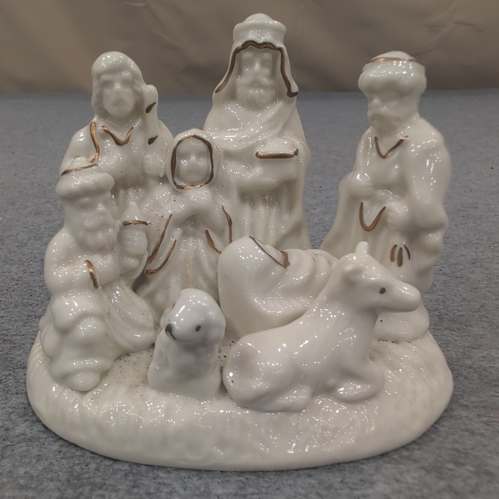 White Ceramic Nativity Scene with Gold Trim Small Christmas Figurines Set